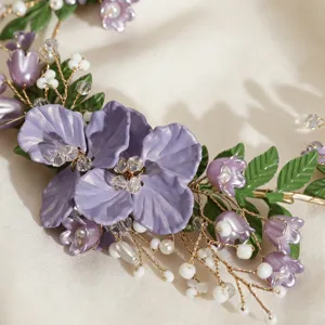Korean style bridal purple flower hairband with acrylic petals, beads, and crystals for weddings.