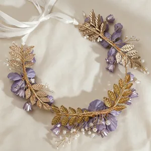 Korean style bridal purple flower headband with pearls and gold leaves for wedding