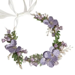 Korean bridal purple flower headband with acrylic petals, pearls and ribbon for wedding.