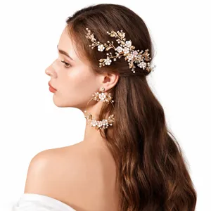 Handmade Bridal Hair Clip Gold Wire Ceramic Flower Pearl Wedding Hair Accessories For Women Hair Jewelry
