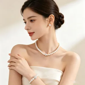 Elegant Artificial Pearl Rhinestone Necklace Bracelet And Earrings Jewelry Set For Women Wedding Party Bridal Accessories