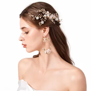 Handmade bridal hair vine and floral hoop earrings set with pearls and ceramic flowers.