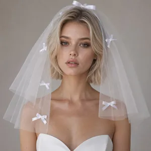 Korean Style Double Layer White Bowknot Bridal Veil Wedding Dress Photography Prop Soft Tulle Headwear Accessories