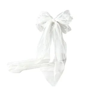 Fermaglio per capelli fiocco perla organza bianco velo sposa stile fata dolce elegante nozze.