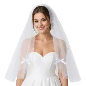 Korean style double layer white bridal veil with cute bows for wedding photography and bridal wear.
