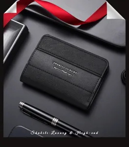 Detailed view of black lychee pattern leather card holder wallet with multiple slots for men.