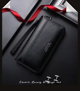 Men's Black PU Leather Long Wallet Zip Clutch Large Capacity Wrist Strap Card Holder