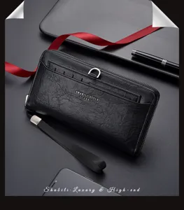 Portefeuille long homme en cuir PU porte-carte pochette zippée vue détaillée