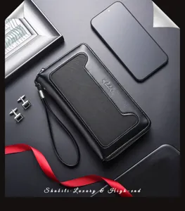 Elegante borsa pochette portafoglio lunga in ecopelle PU nera di lusso uomo con polsiera