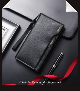 Black leather men's long wallet with wrist strap, multi-card slot business clutch bag.
