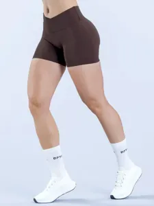 Shorts de fitness taille haute croisés pour femme marron foncé sport yoga vue principale