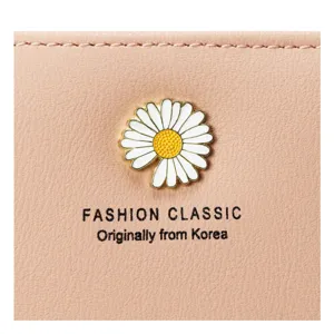Pink PU leather short wallet detail with metal daisy flower and classic English text print.