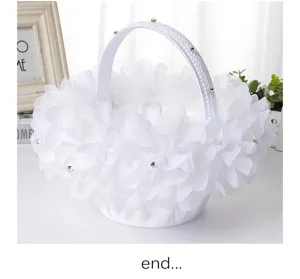 Detailed view of white wedding flower basket with lace petals, rhinestones and elegant handle.