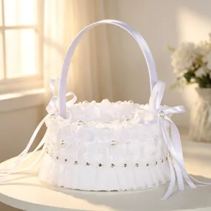 White lace pearl bow wedding flower basket for flower girl bridal petal storage handle