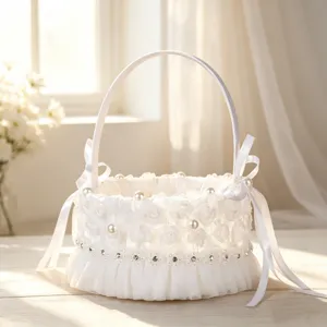 White lace wedding flower girl basket with pearls and bows for western ceremony decorative small