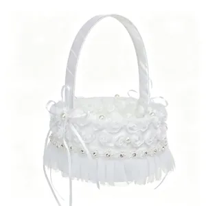 White wedding flower basket lace pearl bow floral basket for flower girl ceremony decor