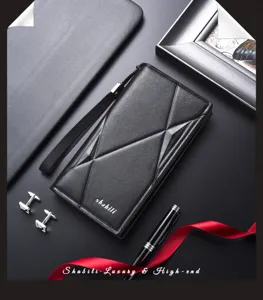 Portafoglio lungo uomo motivo rombo business in pelle pochette con cinturino e scomparti.