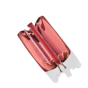 Detailed view of the red double zipper long wallet interior with multiple compartments.