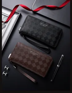Portafoglio lungo da uomo in PU con cerniera, motivo romboidale e polsino elegante.
