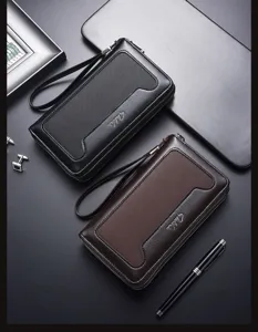Portafoglio pochette da uomo di grande capacità, borsa lunga casual in pelle PU con cinturino da polso.