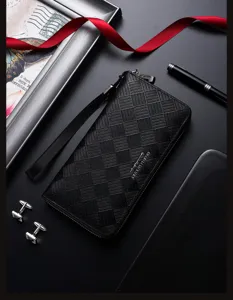 Portafoglio Uomo Lungo in Ecopelle PU con Zip Motivo a Rombi Borsa a Mano Business