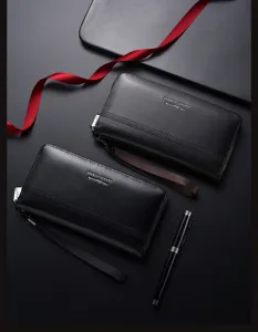 Men's long PU leather wallet black zip clutch bag with card slots and wrist strap detail.