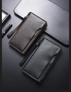 Premium men's long wallet business card holder clutch bag with wrist strap, black and brown.