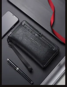 Portefeuille long homme noir en cuir PU pochette multi-cartes sac téléphone dragonne