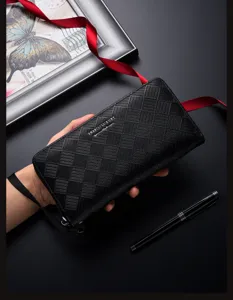 Portafoglio lungo uomo con cerniera business grande capacità motivo rombo borsa PU casual.