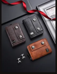 Men minimalist accordion card holder wallet with double snap buttons and zipper closure.