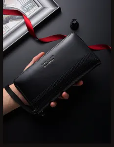Men black long wallet zipper clutch multi-card slots large capacity wrist strap purse