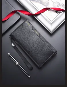 Black long men's wallet business leather card holder with wrist strap for men daily use