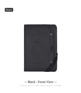 Black PU leather multi-functional passport holder travel wallet with elastic band