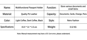 Multi-functional passport holder detail view showing material specs and dimensions clearly.