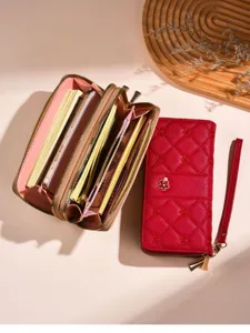 Quilted long wallet detail, pink interior card slots, red embroidered flower purse.