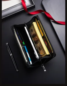 Men's long wallet black zip around organizer large capacity card holder phone pocket.