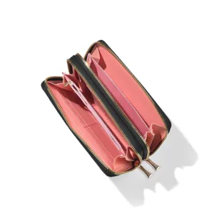 Detailed view of the open black long wallet with pink interior, card slots, and dual zippers.