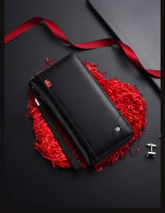 Men's black long wallet PU leather business clutch bag with wrist strap and card slots detail shot