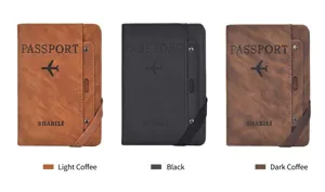 Detailed view of the multi-functional leather passport holder with elastic band and card slots.