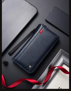 Men long wallet business clutch purse large capacity dark blue card holder chic design stylish