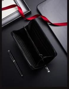Men's black long zip around wallet featuring multiple card slots for business and casual
