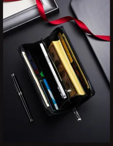 Men's long wallet black PU leather zip multi card slots business casual zipper purse
