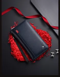 Men's long wallet business casual leather clutch bag with card slots and wrist strap.