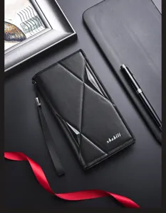 Portafoglio lungo da uomo in pelle nera con motivo geometrico e polsino, stile retro business.