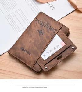 Close-up detail of brown leather passport holder showing card slots and fine vintage texture.