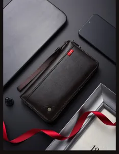 Men business long wallet dark brown leather clutch bag with wrist strap and card slots