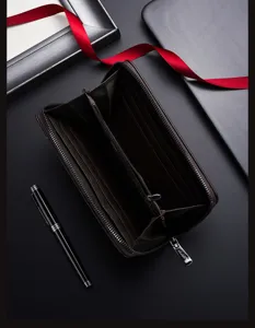 Men's long leather wallet with multi-card slots and zipper coin pocket, business retro style.