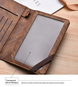 Brown PU leather passport holder wallet with clear ID window and card slots detail.