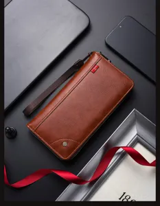 Men's long brown leather wallet business casual clutch bag with wrist strap multi card slots