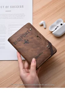 Multi-functional vintage PU leather passport wallet with elastic band, card slots and travel design.